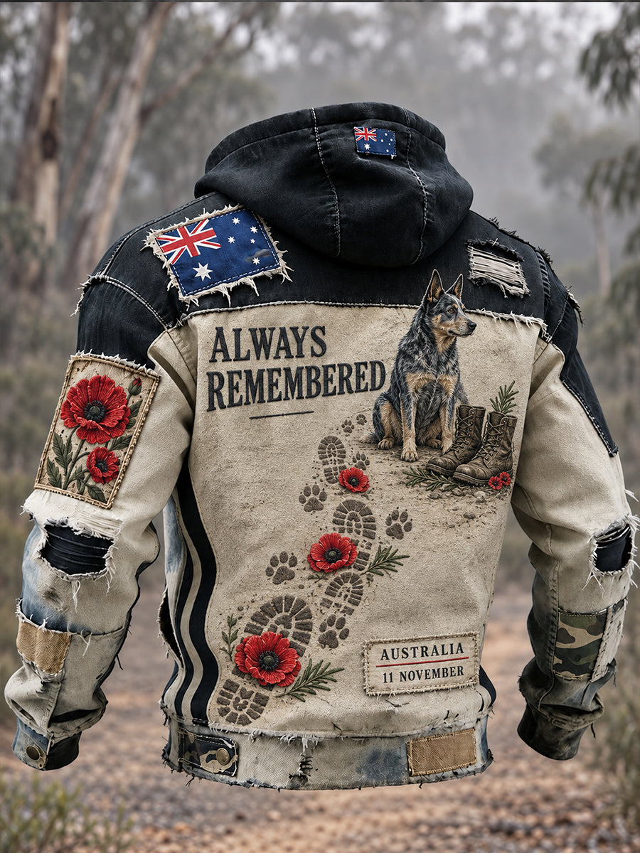 Men's VintageStyle Australian Remembrance Day Graphic Print Casual Hoodie Jacket