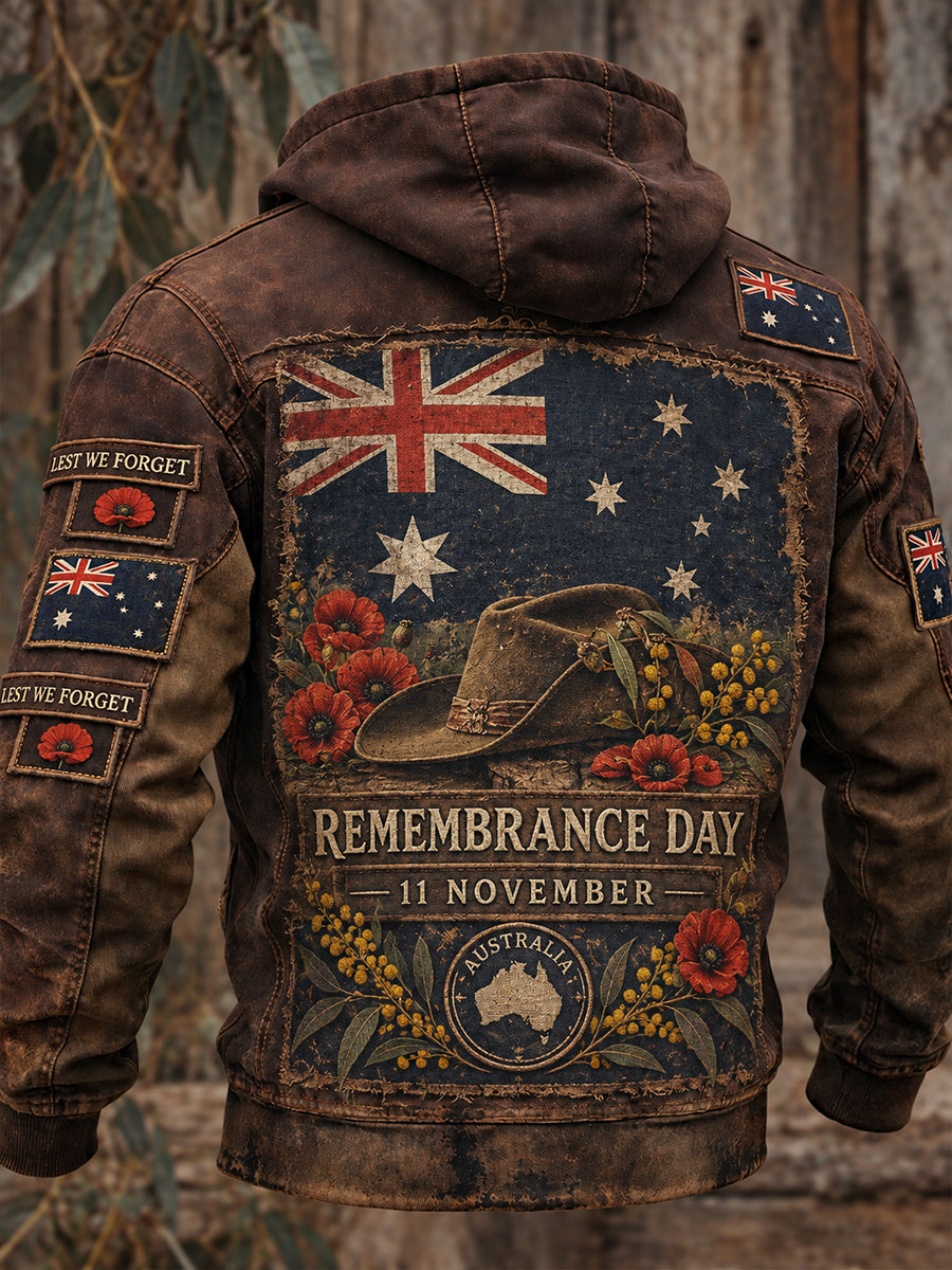 Men's VintageStyle Australian Remembrance Day Graphic Print Casual Hoodie Jacket