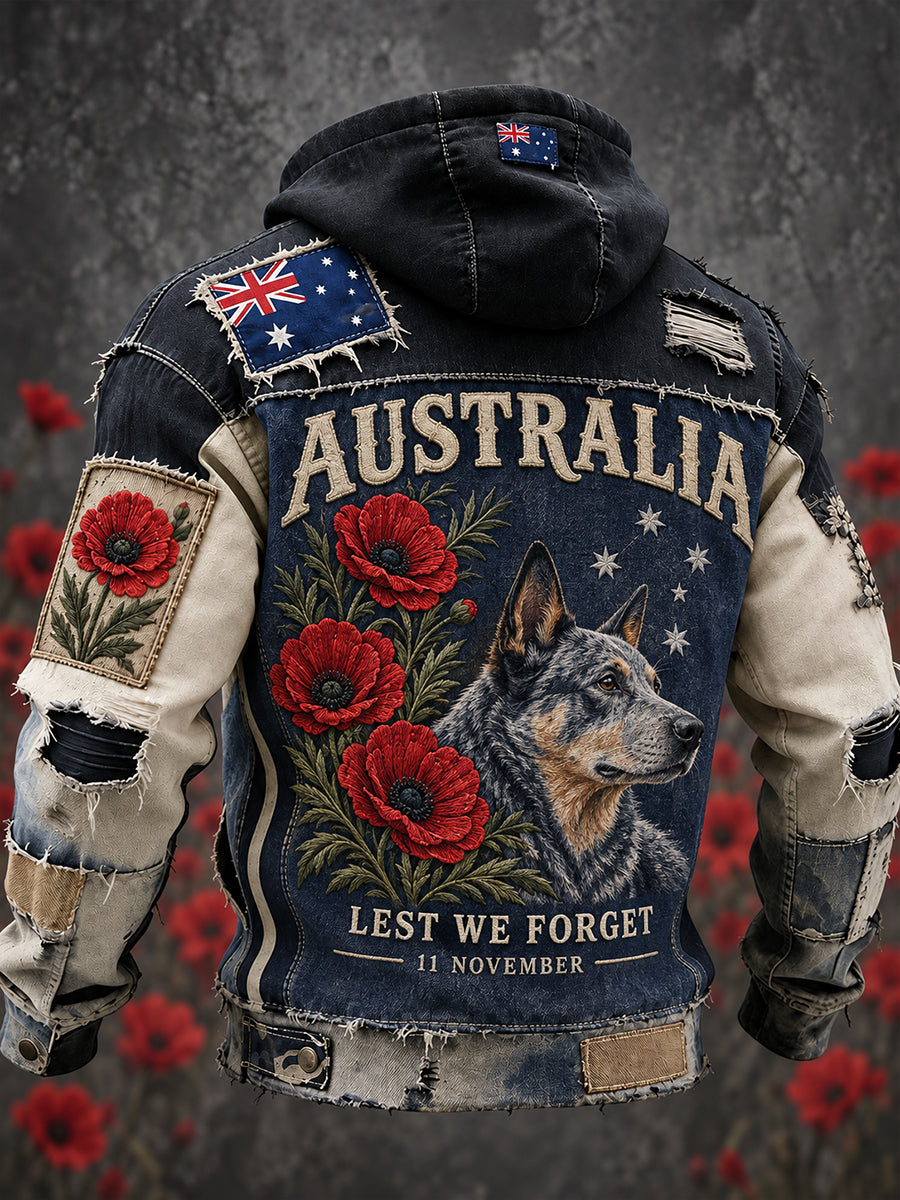 Men's VintageStyle Australian Remembrance Day Graphic Print Casual Hoodie Jacket