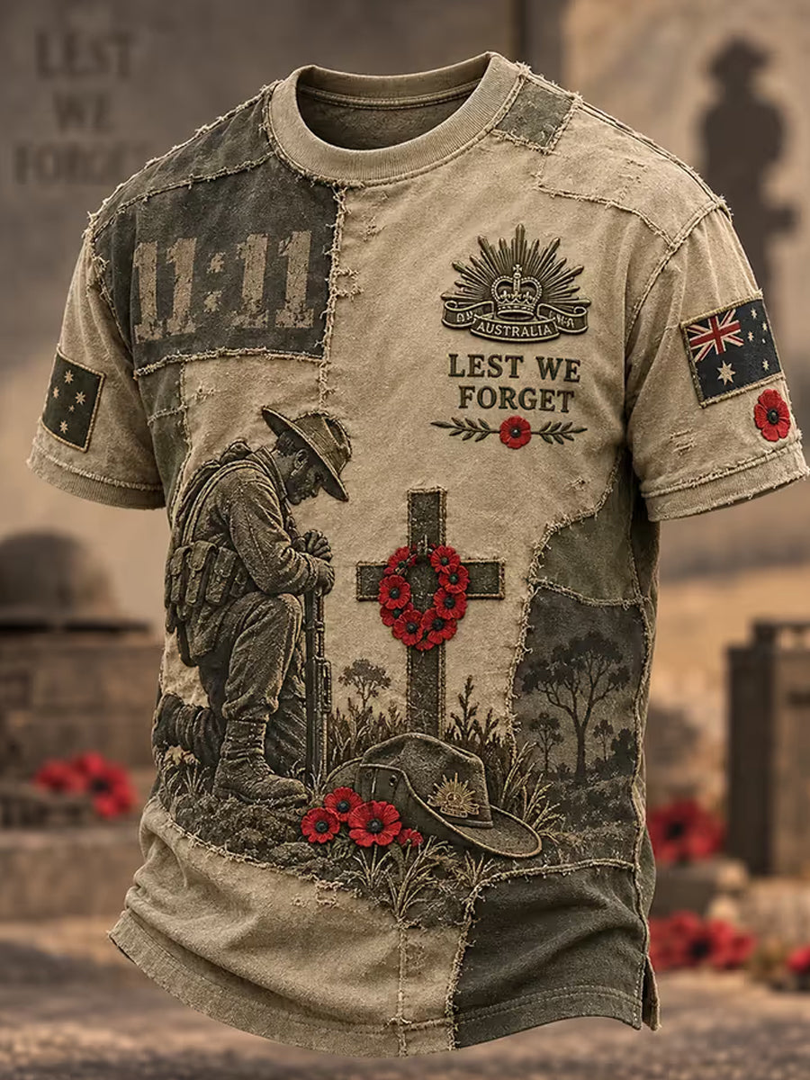 Men's Lest We Forget Australian Remembrance Day Print Short Sleeve T-shirt