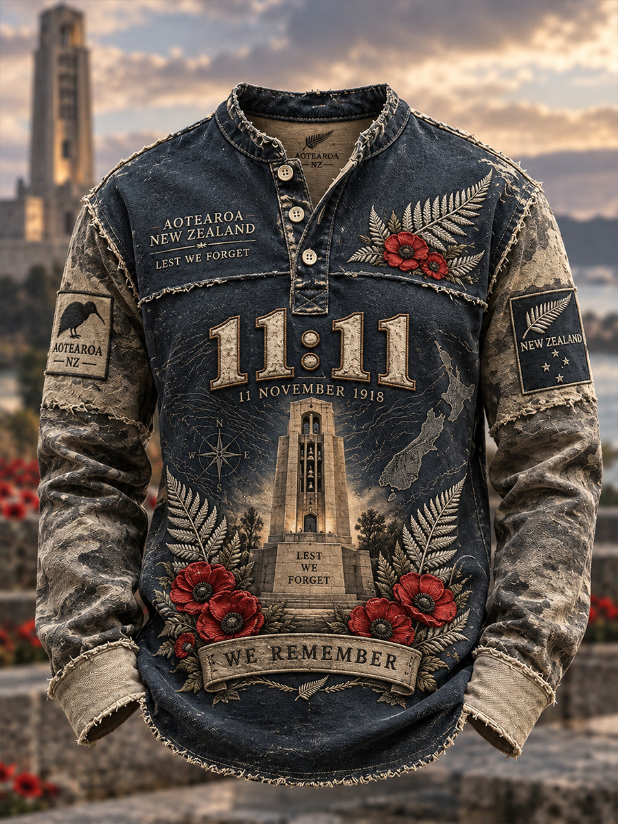 Men's New Zealand Veteran Remembrance Day Printed Casual Button T-Shirt