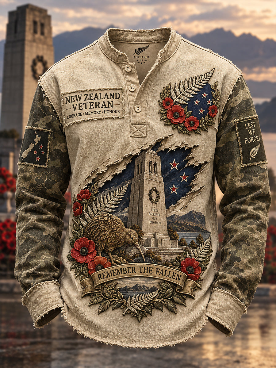 Men's New Zealand Veteran Remembrance Day Printed Casual Button T-Shirt