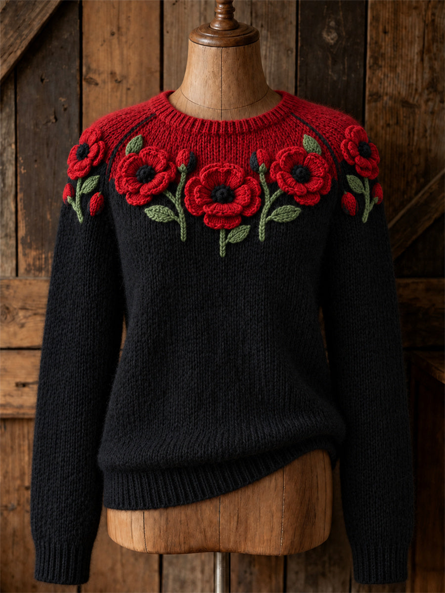 Women's Classy Papaveraceae Floral Contrast Color Print crew neck sweater