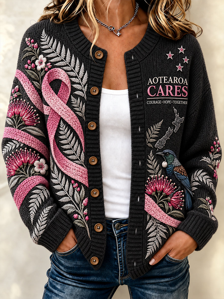 Women's New Zealand Breast Cancer Awareness Print Button Cardigan