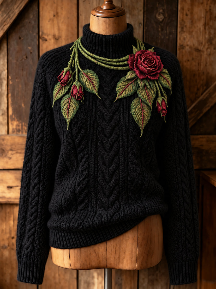 Women's Vintage Rose-Print Artistic High-Neck Pullover