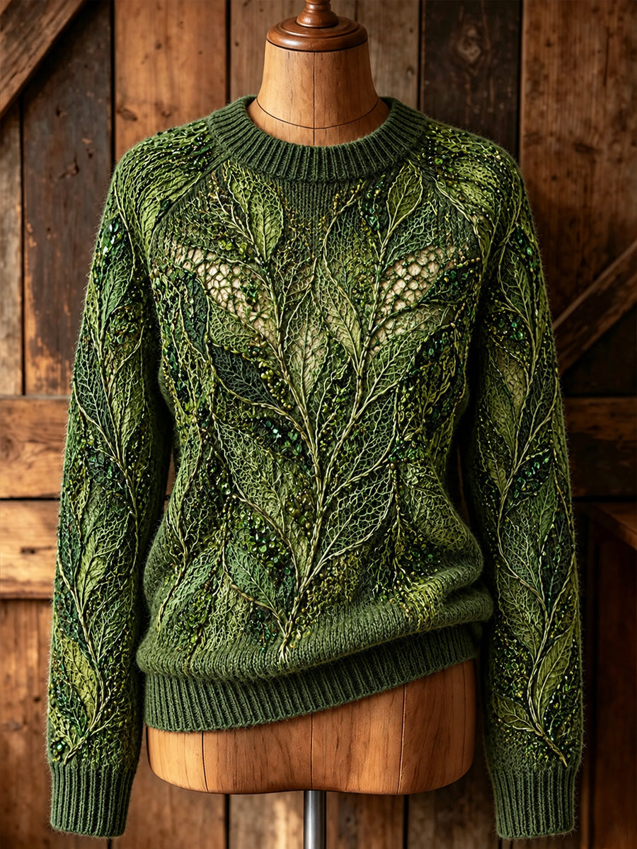 Women's Retro Leaf-Patterned Artistic Crew-Neck Pullover