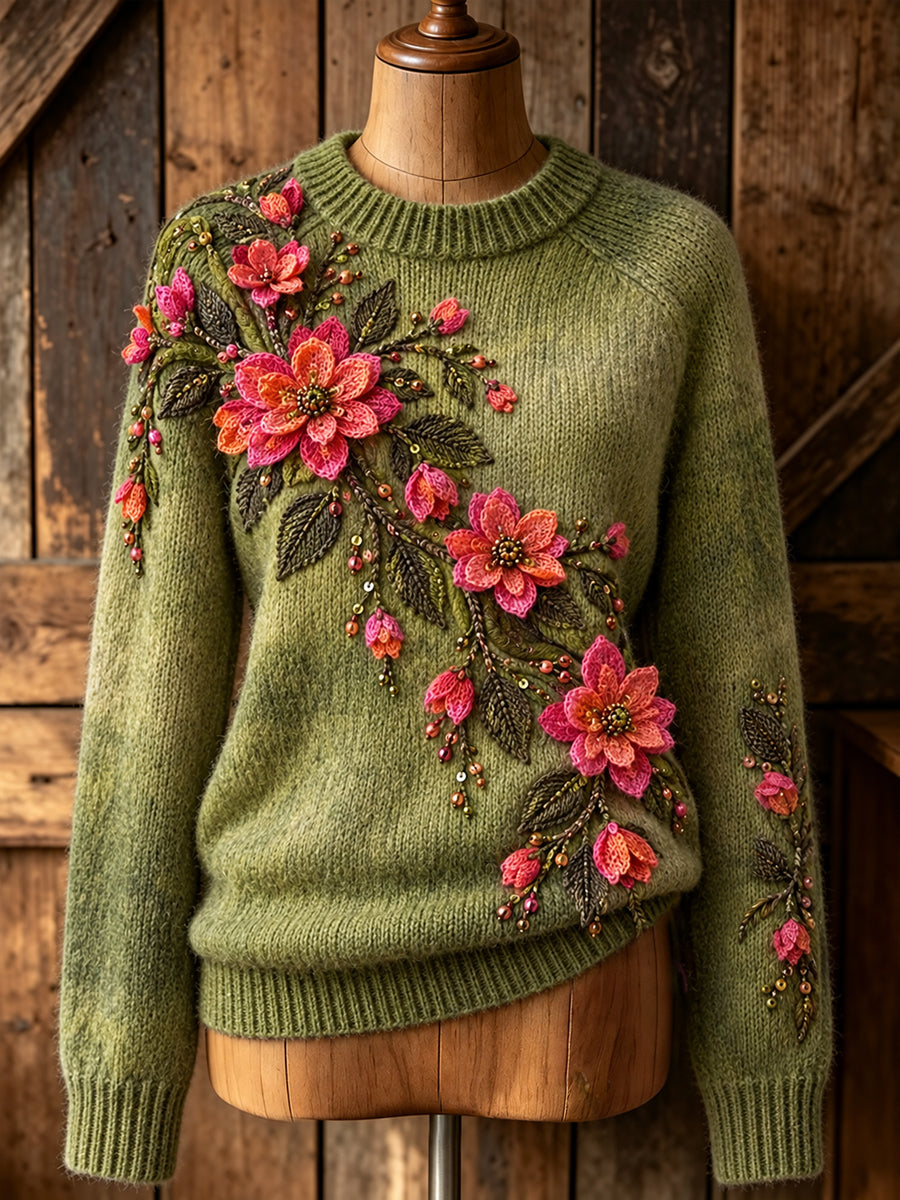 Women's Vintage Artistic Floral Crew-Neck Pullover