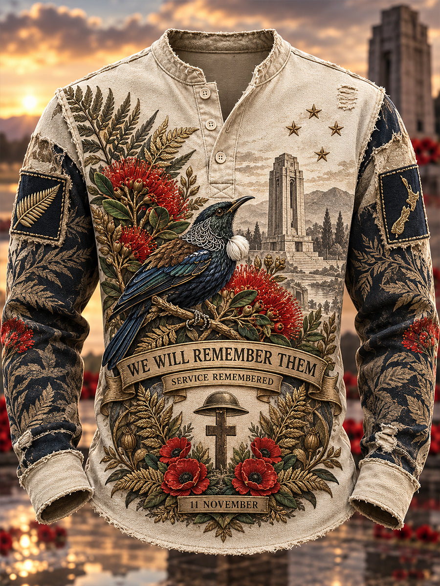Men's New Zealand Veterans Remembrance Day Printed Casual Button T-Shirt