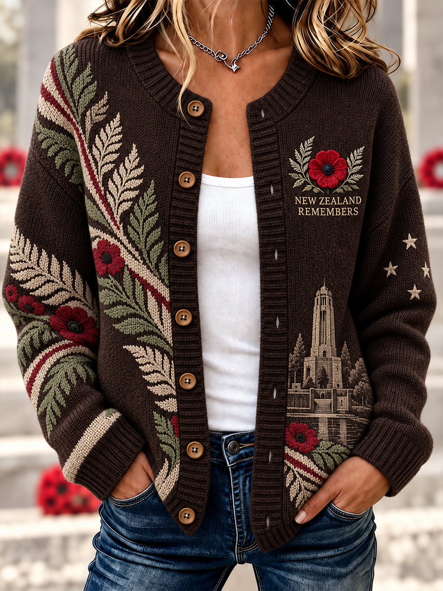Women's New Zealand Veterans Remembrance Day Print Button Cardigan