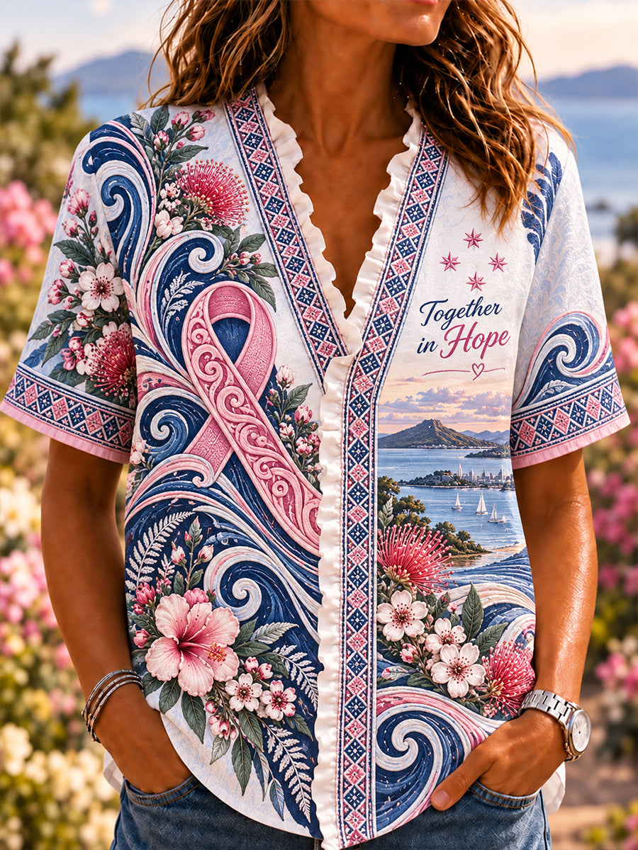 Women’s New Zealand Breast Cancer Awareness Cotton-Linen Shirt