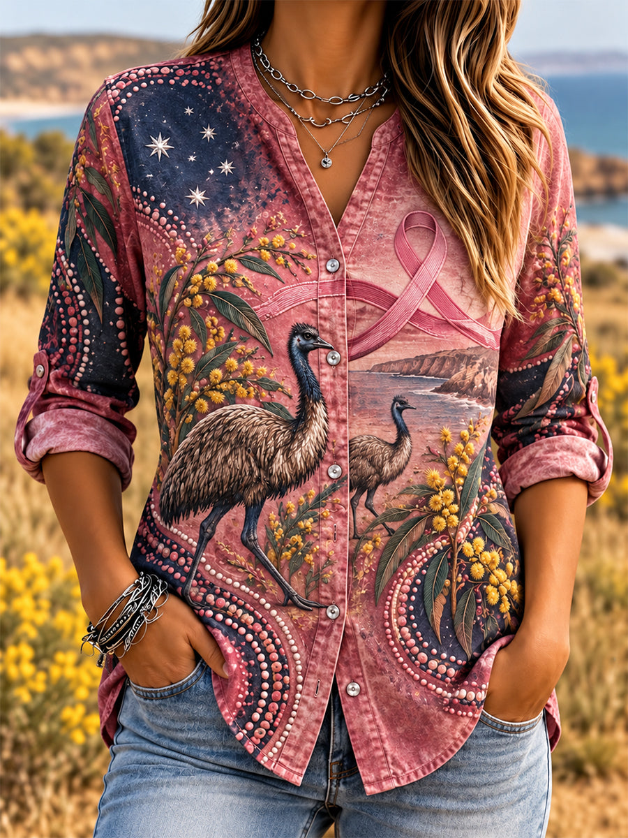 Women's Australian Breast Cancer Awareness Long-Sleeve Cotton-Linen Blouse
