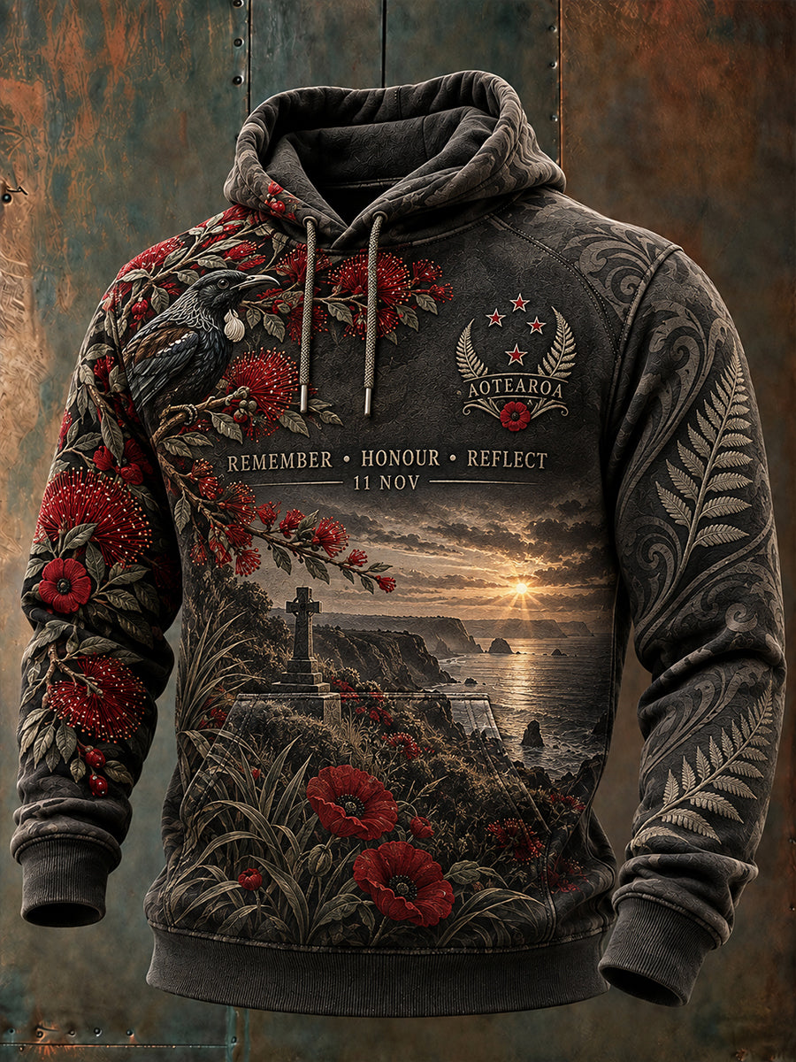 Men's New Zealand Veterans Remembrance Day Oversized Drop-Shoulder Hoodie with Pockets