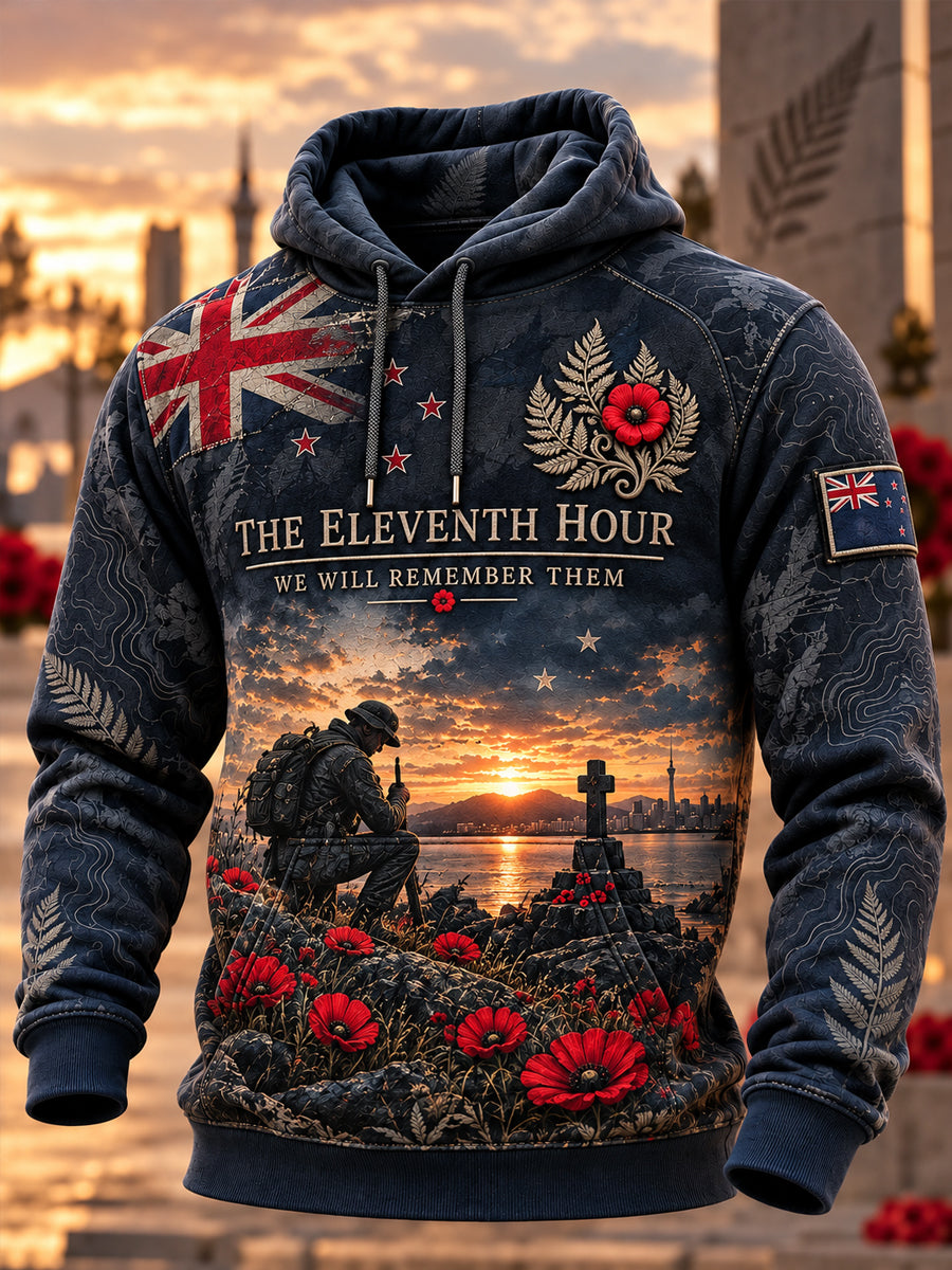 Men's New Zealand Veterans Remembrance Day Oversized Drop-Shoulder Hoodie with Pockets