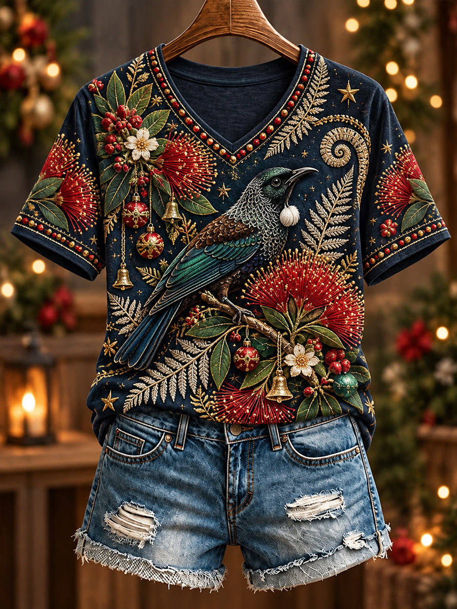 Women's Christmas In New Zealand V-Neck Short Sleeve T-Shirt