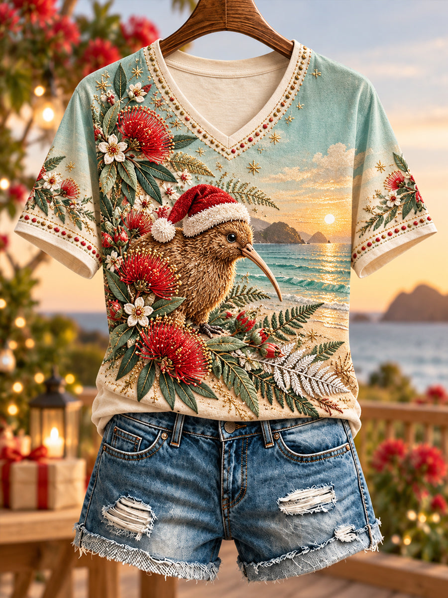 Women's Christmas In New Zealand V-Neck Short Sleeve T-Shirt