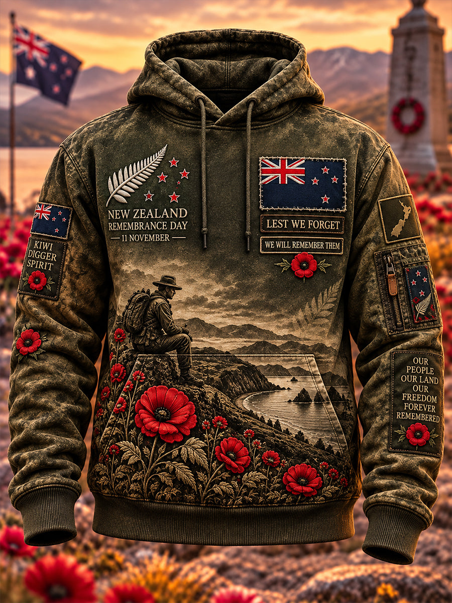 Men's Remembrance Day For New Zealand Veterans Oversized Drop-Shoulder Hoodie with Pockets