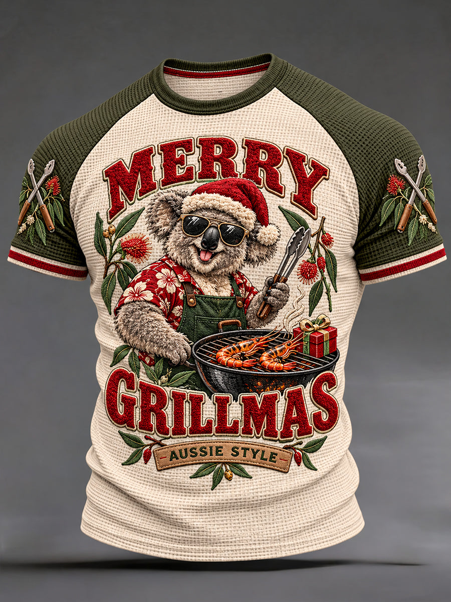 Men's AU Christmas Art Printed Waffle T-shirt