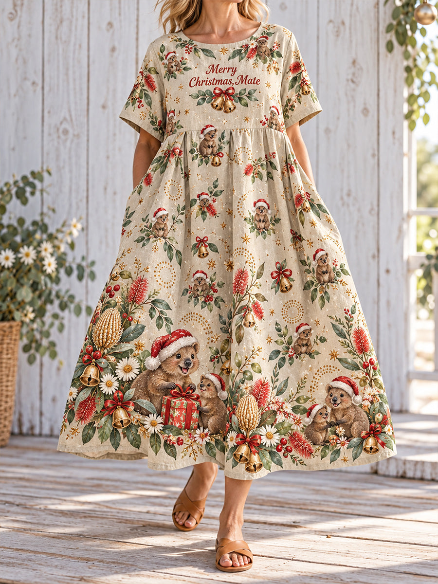 Women's Australian Christmas Art Printed Linen Dress