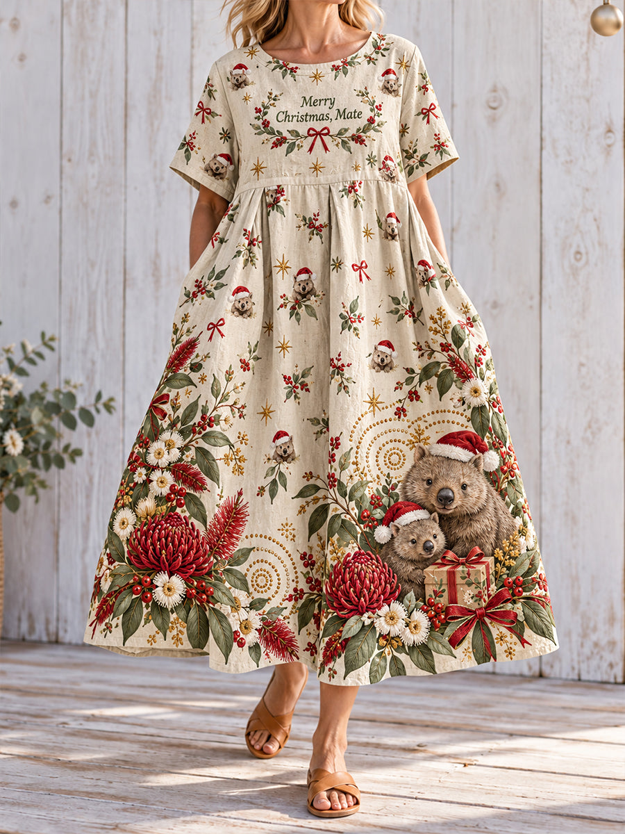 Women's Australian Christmas Art Printed Linen Dress