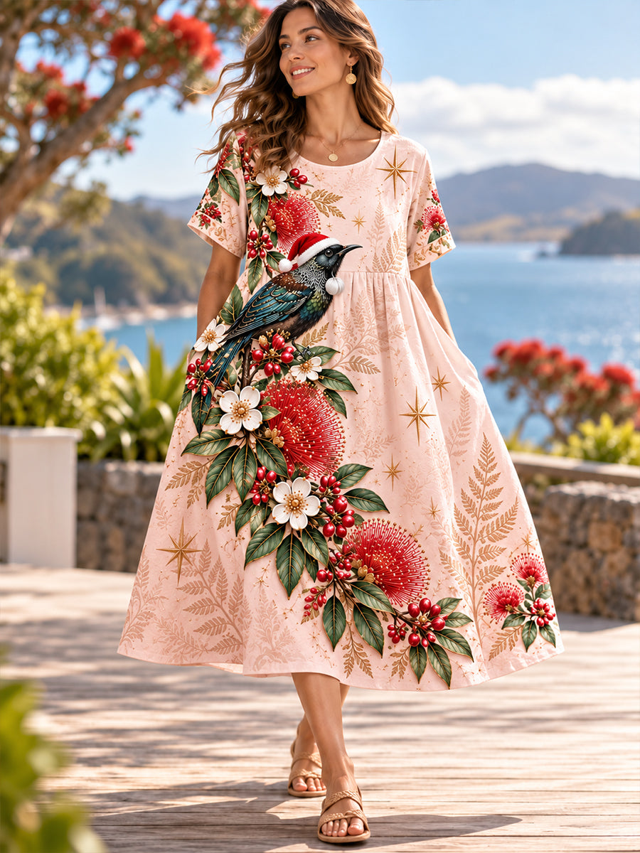 Women's New Zealand Christmas Art Printed Linen Dress