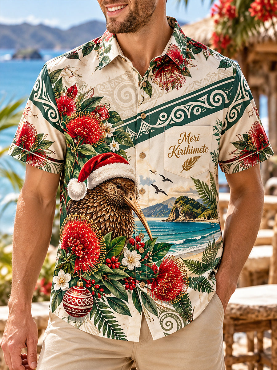 Men's New Zealand Christmas Art Print Casual Shirt