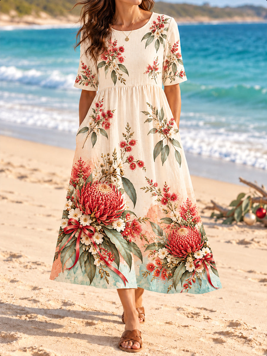 Women's Australian Christmas Art Printed Linen Dress