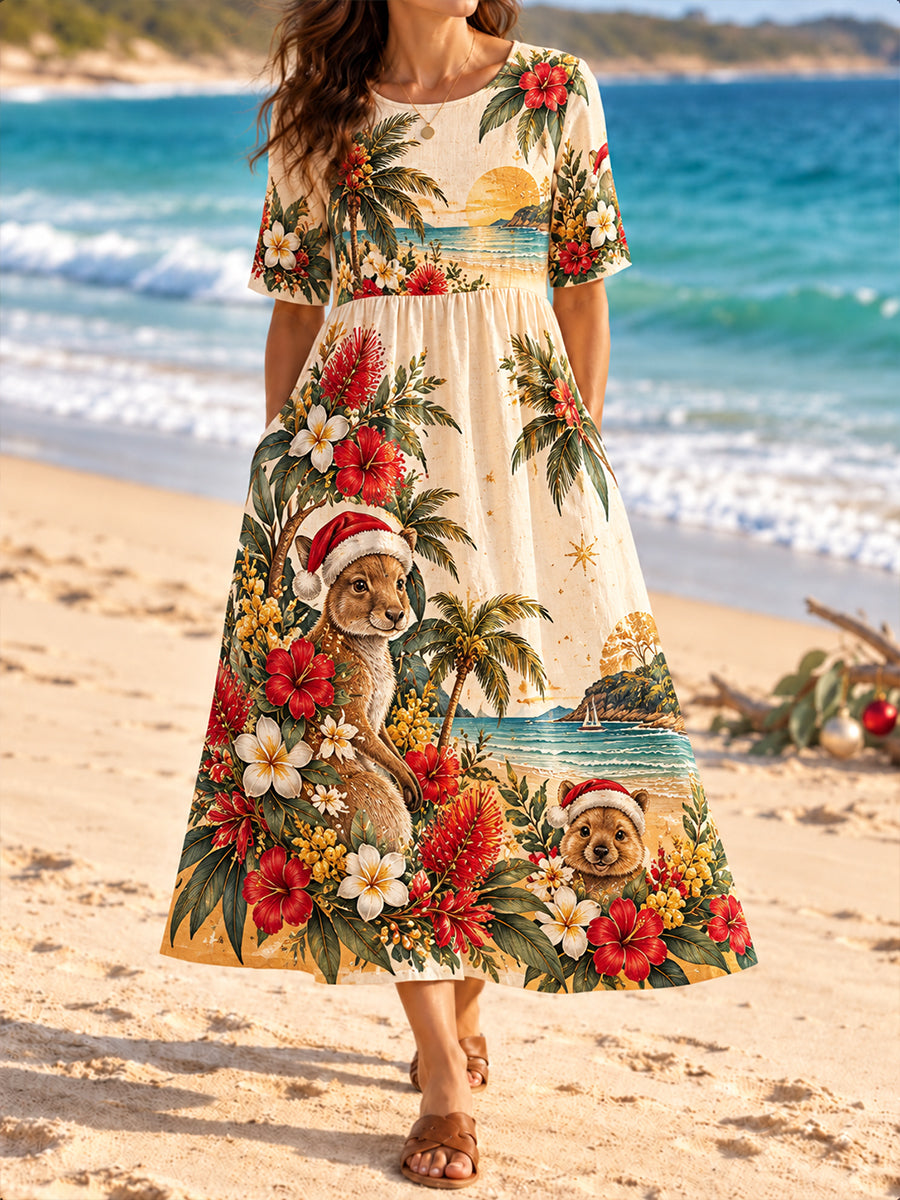 Women's Australian Christmas Art Printed Linen Dress