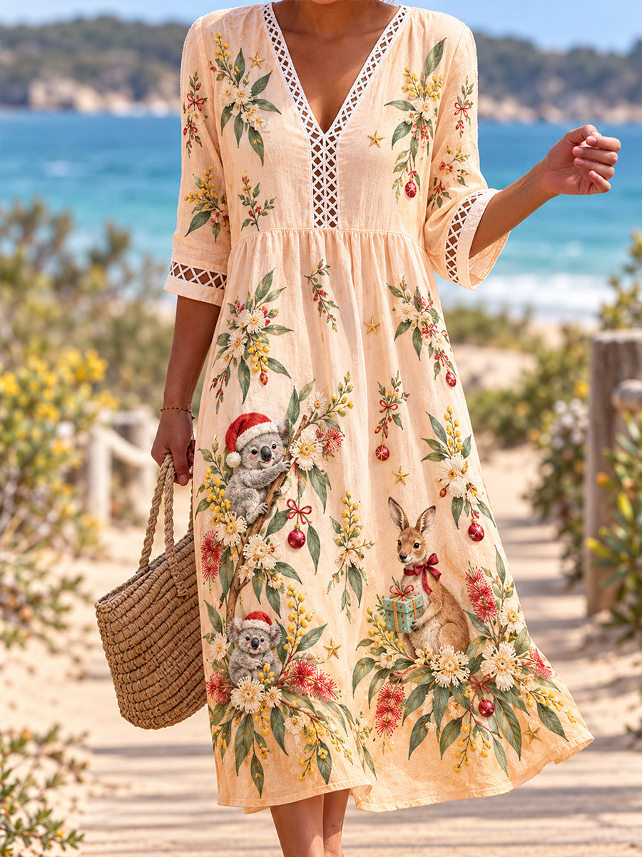 Women's Christmas In Australia V-Neck Openwork Shirt Dress