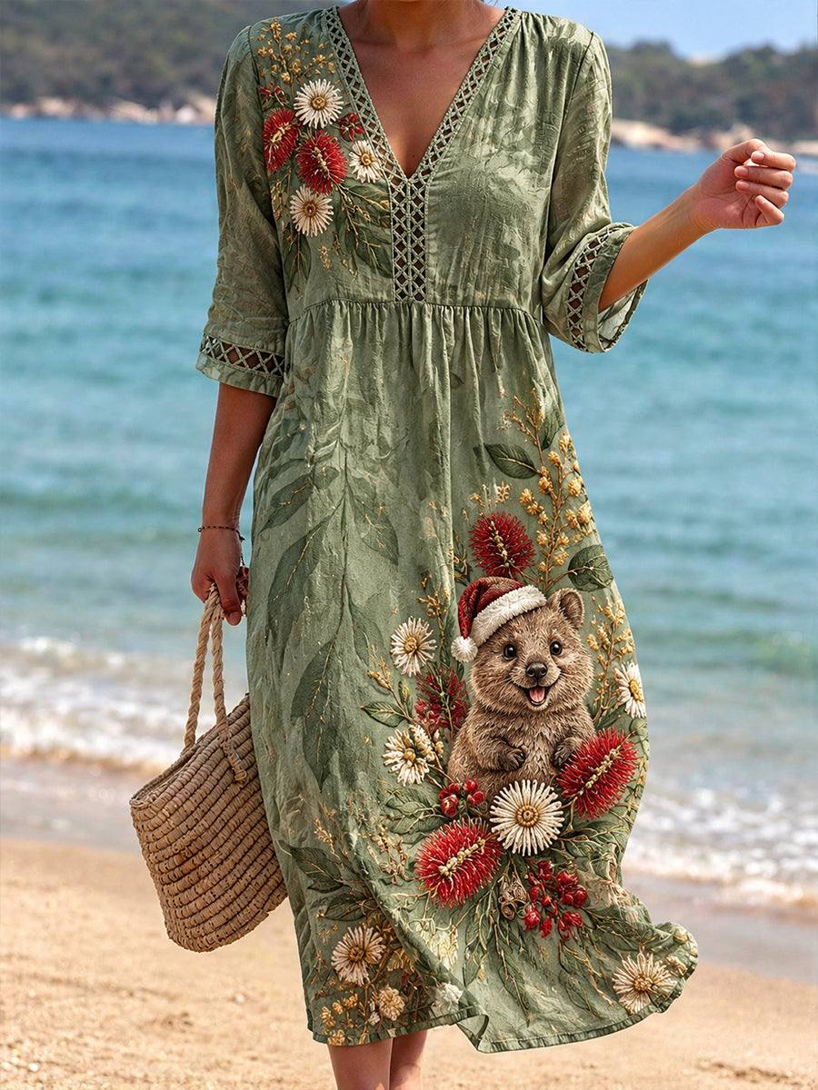 Women's Christmas In Australia V-Neck Openwork Shirt Dress
