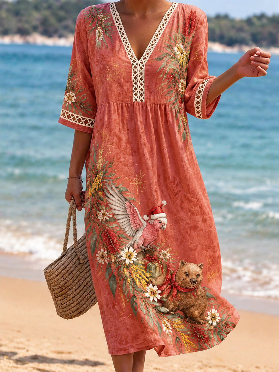 Women's Christmas In Australia V-Neck Openwork Shirt Dress