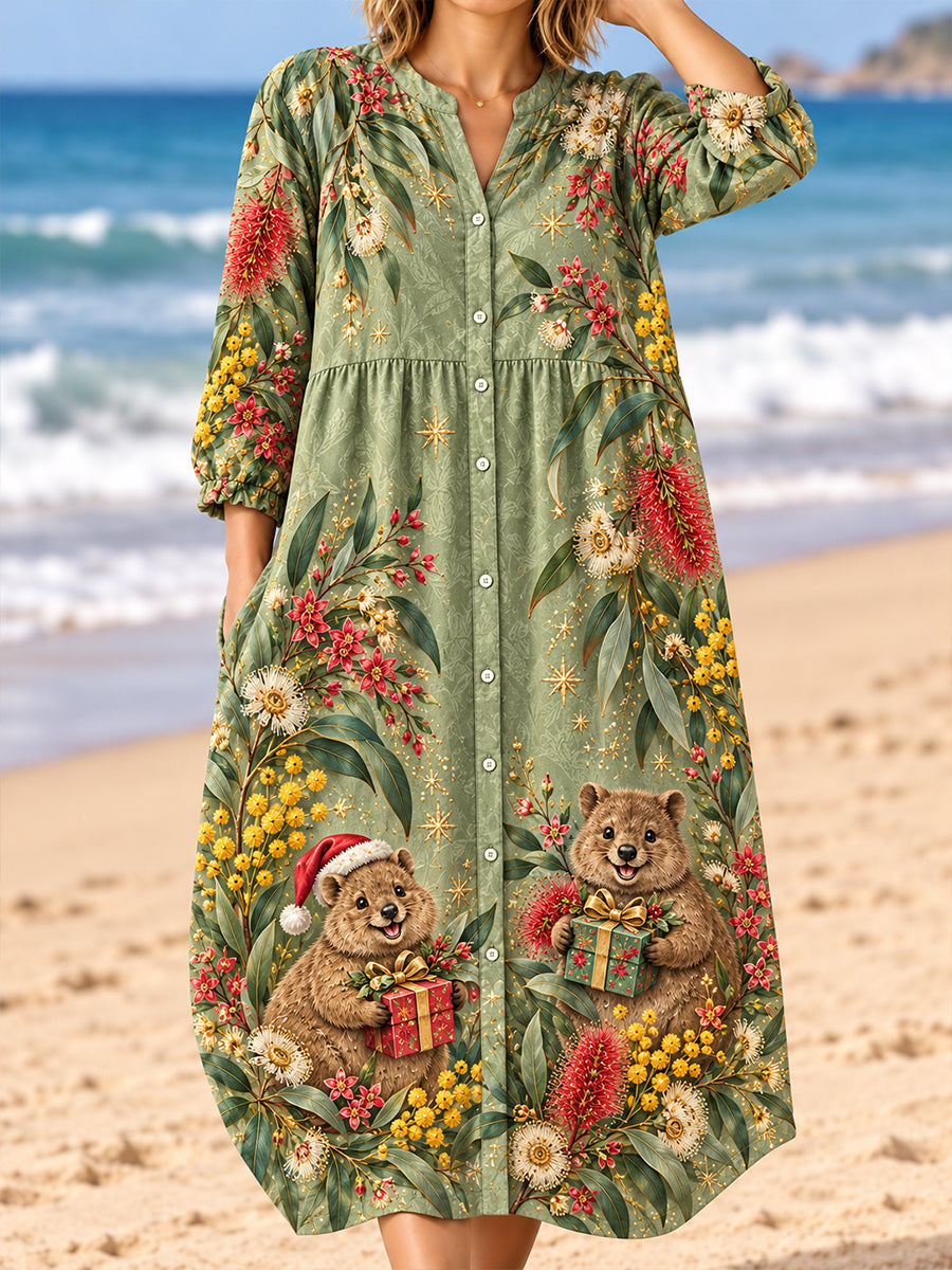 Women's Christmas In Australia Art Print Casual Cotton-Linen Dress