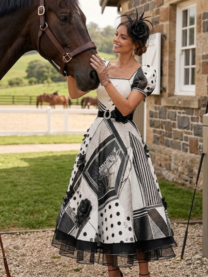 Women's Australian Horse Racing  Art Print V Neck Elegant Midi Dress