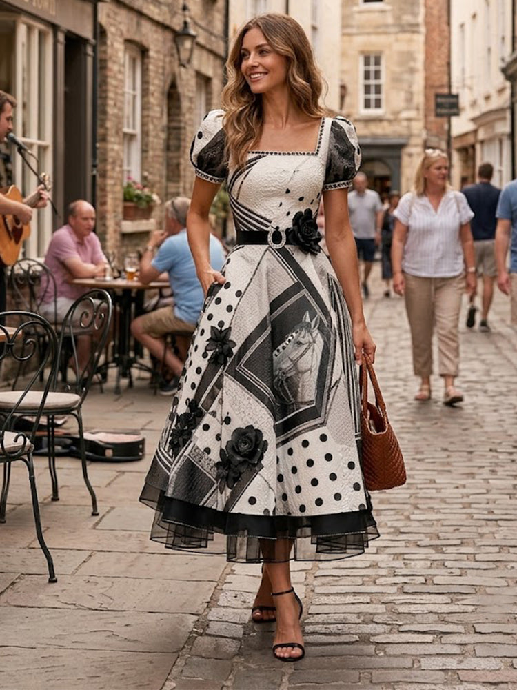 Women's Australian Horse Racing  Art Print V Neck Elegant Midi Dress