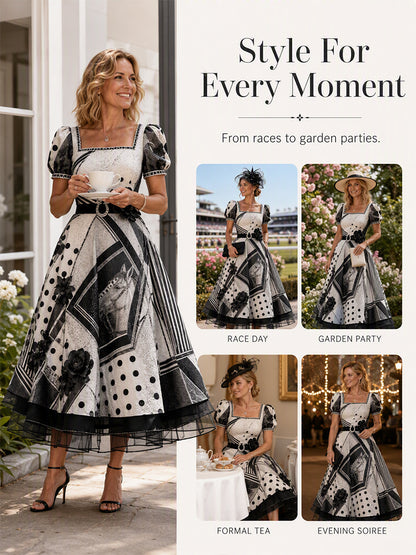 Women's Australian Horse Racing  Art Print V Neck Elegant Midi Dress