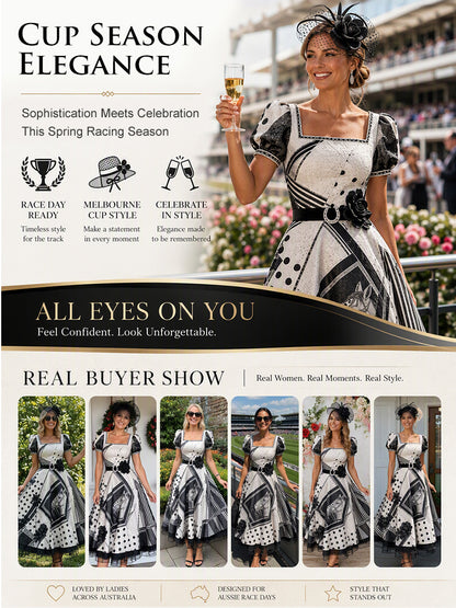 Women's Australian Horse Racing  Art Print V Neck Elegant Midi Dress