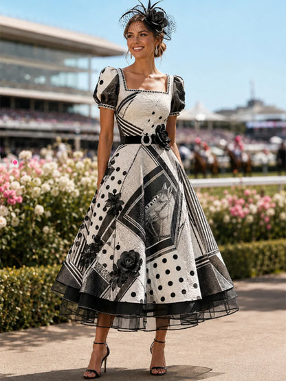 Women's Australian Horse Racing  Art Print V Neck Elegant Midi Dress