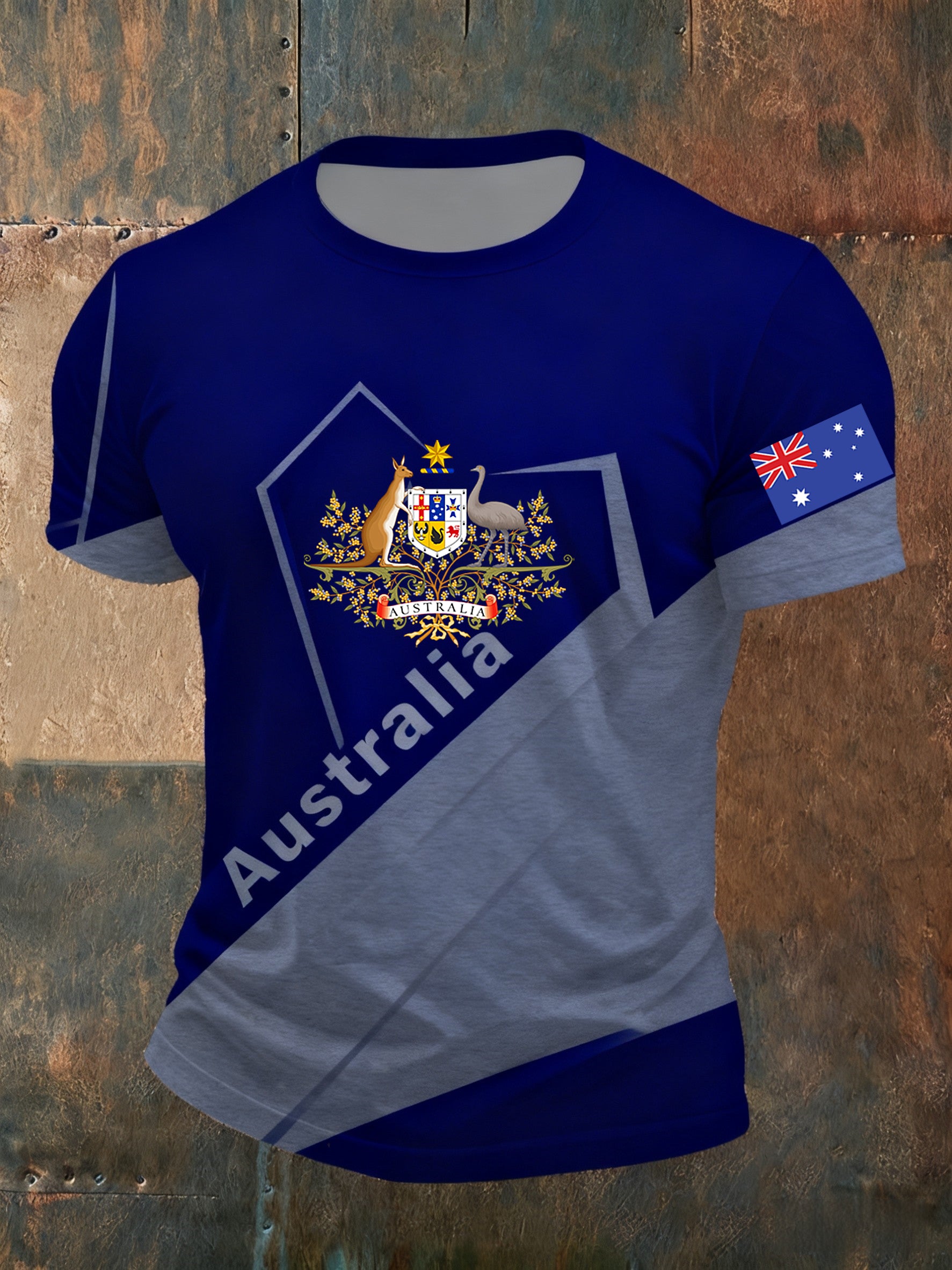 Vintage Australian Flag Badge Sports Patchwork Print Casual Cotton Short Sleeve T-Shirt