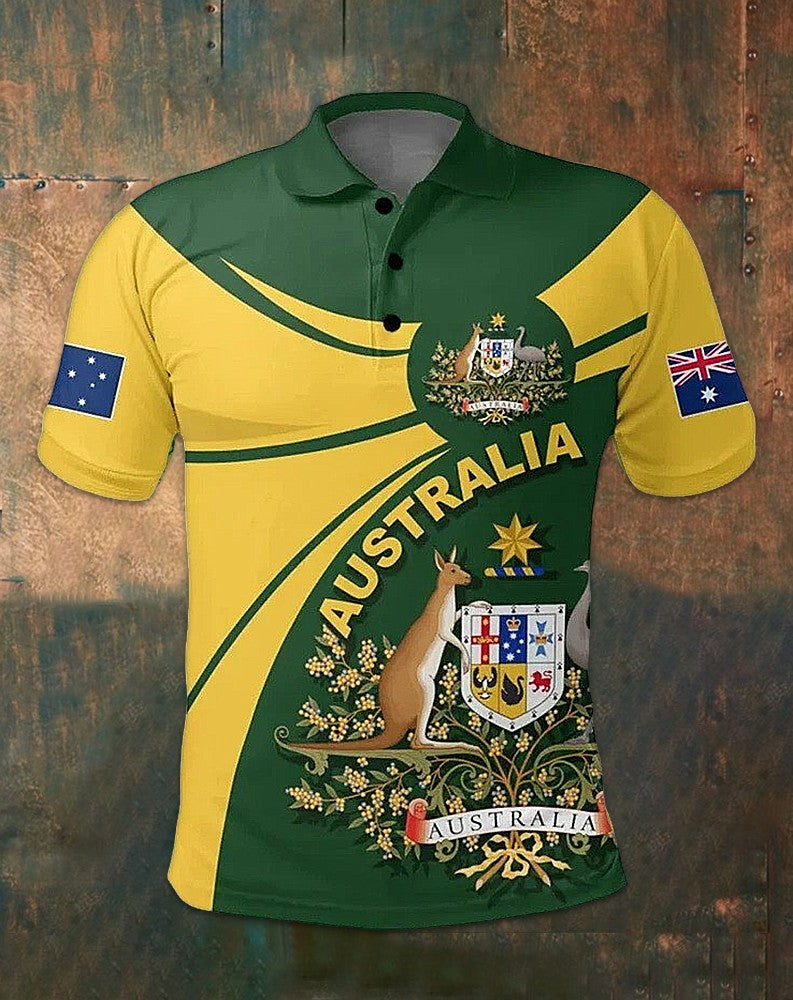 Men's  Vintage Australian Flag Badge Printed Casual Cotton Short Sleeve Sports Line Polo Shirt