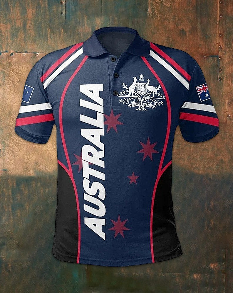 Men's  Vintage Australian Flag Badge Printed Casual Cotton Short Sleeve Sports Line Polo Shirt