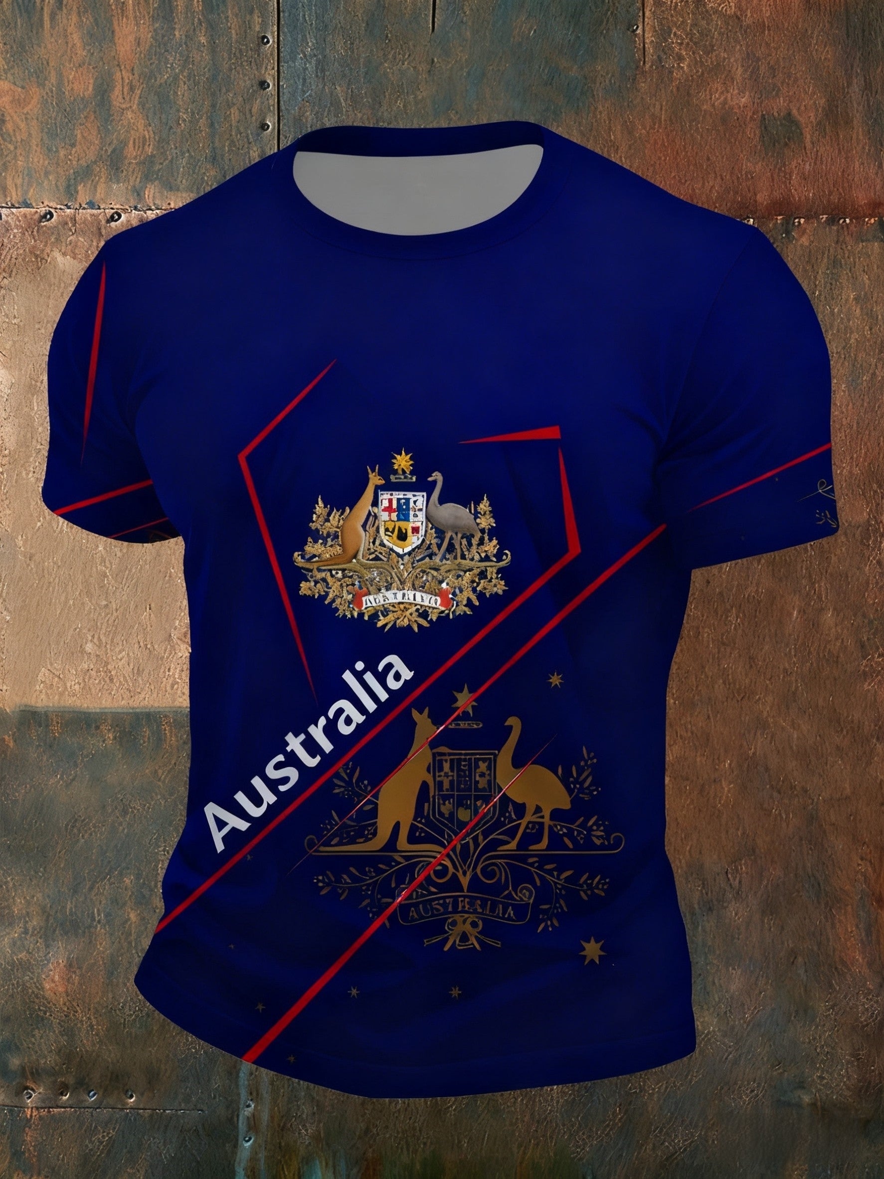 Vintage Australian Flag Badge Sports Patchwork Print Casual Cotton Short Sleeve T-Shirt