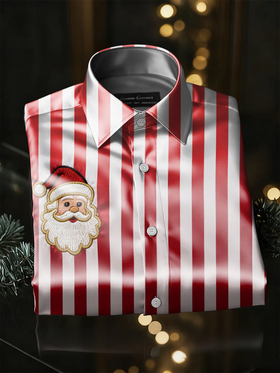 Retro Christmas Santa Claus Stripes Print Royal Luxury Long Sleeve Shirt