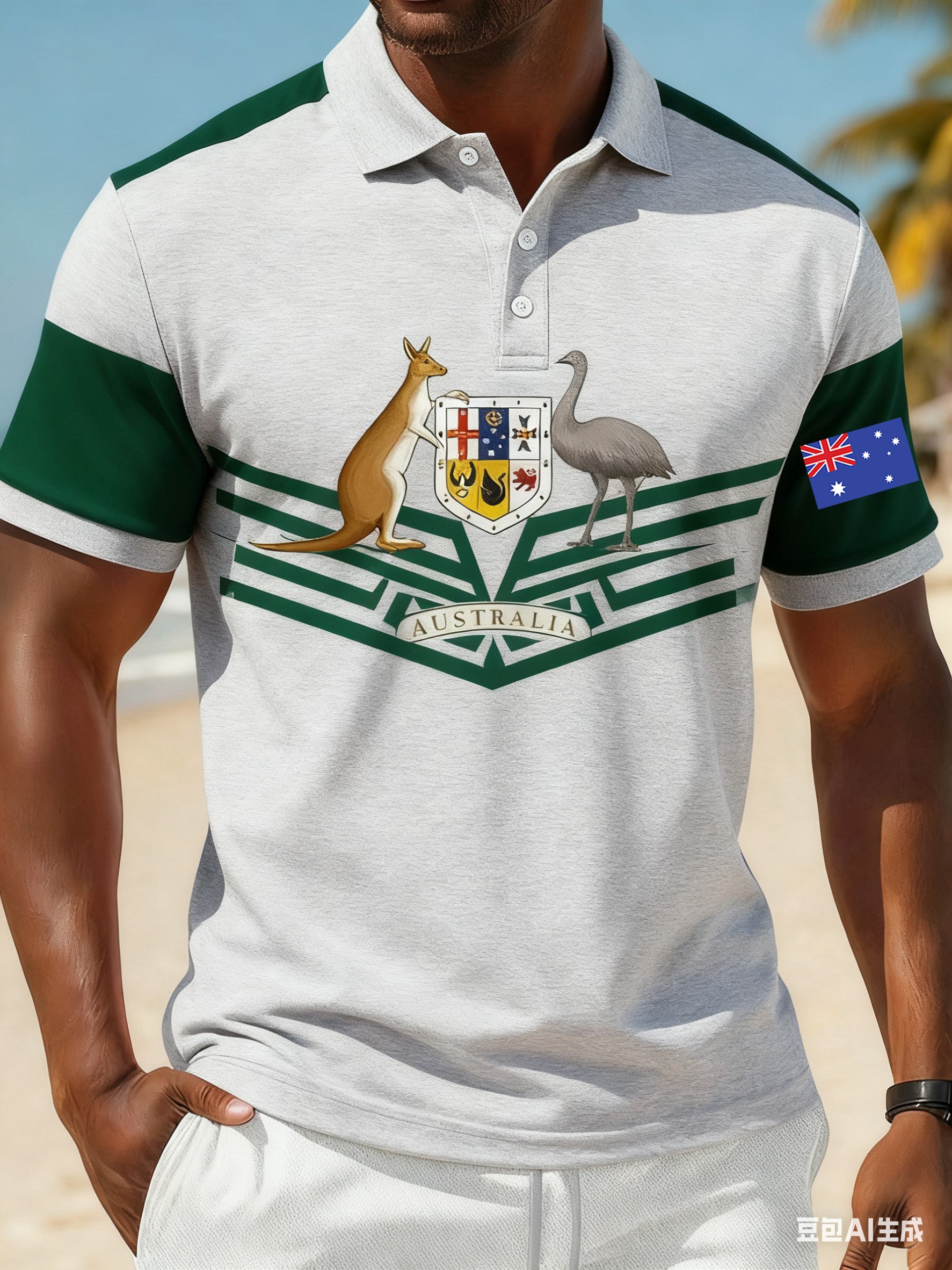 Vintage Australian Flag Badge Sports Patchwork Printed Casual Cotton Short Sleeve Polo Shirt