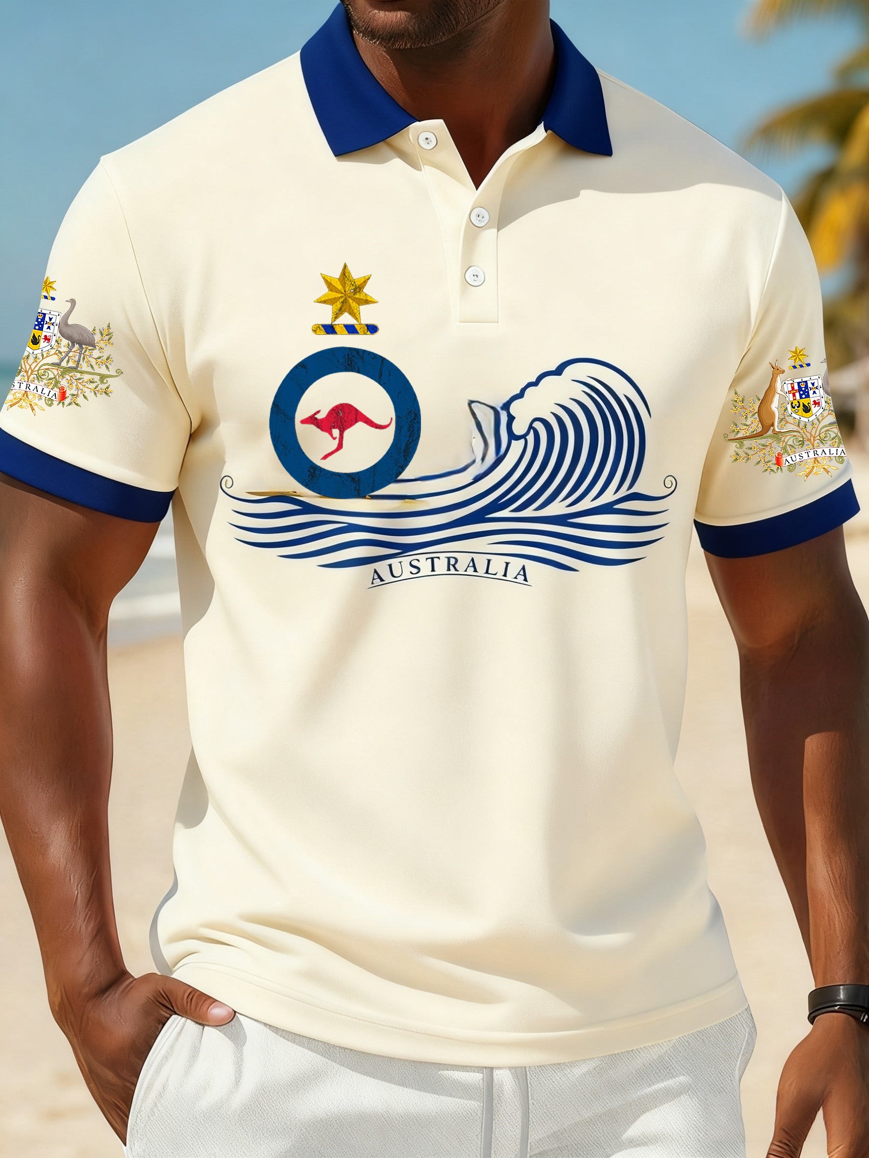 Vintage Australian Flag Badge Sports Patchwork Printed Casual Cotton Short Sleeve Polo Shirt