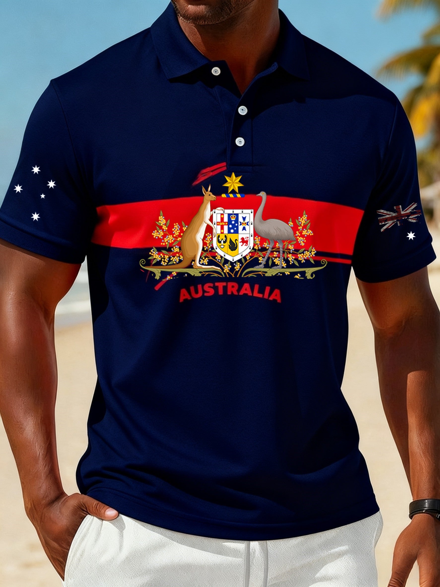 Vintage Australian Flag Badge Sports Patchwork Printed Casual Cotton Short Sleeve Polo Shirt