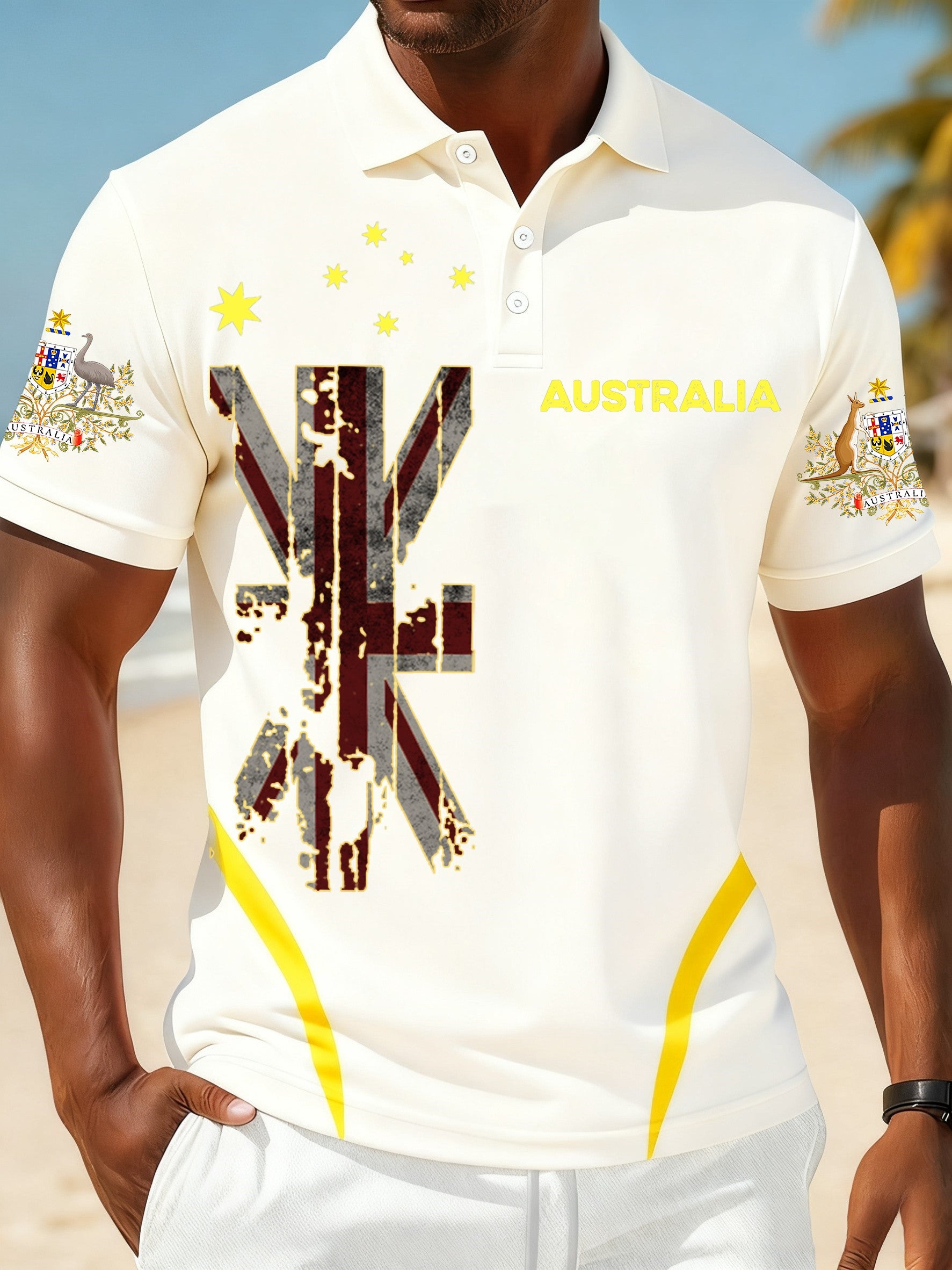 Vintage Australian Flag Badge Sports Patchwork Printed Casual Cotton Short Sleeve Polo Shirt