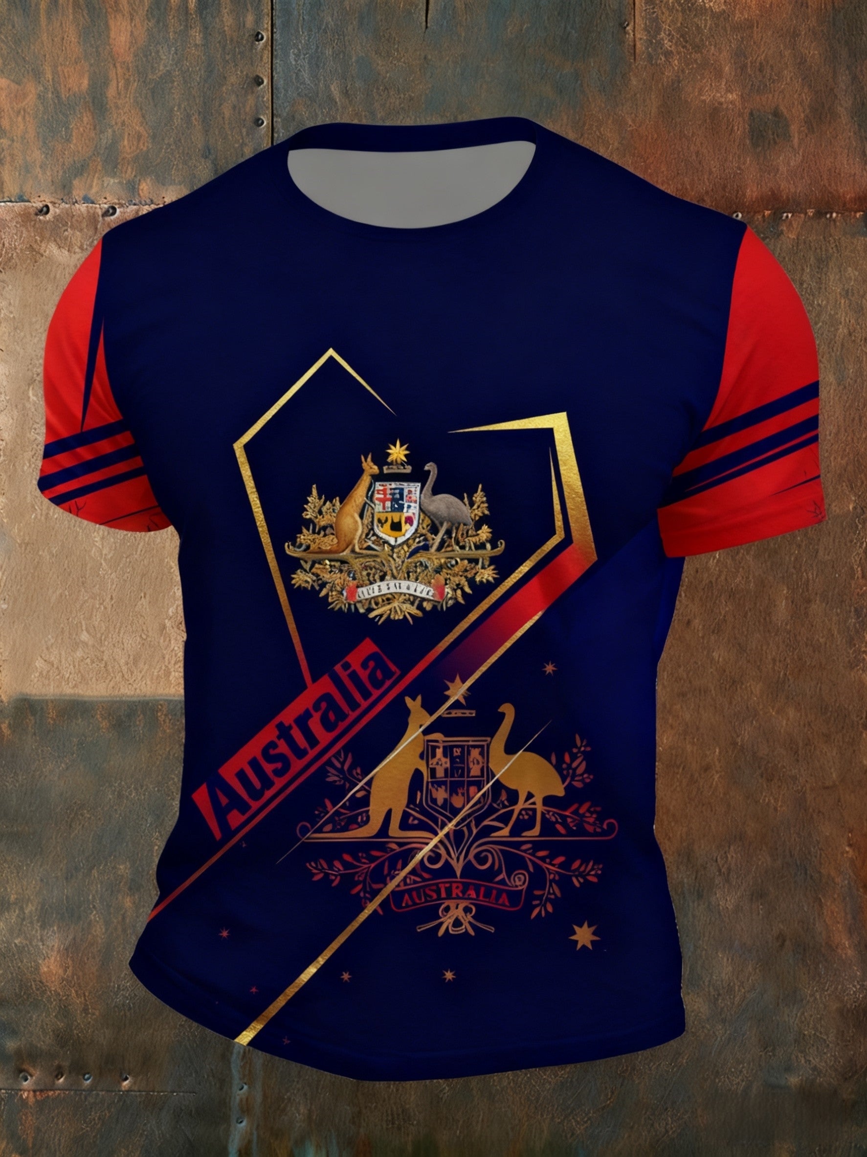 Vintage Australian Flag Badge Sports Patchwork Print Casual Cotton Short Sleeve T-Shirt