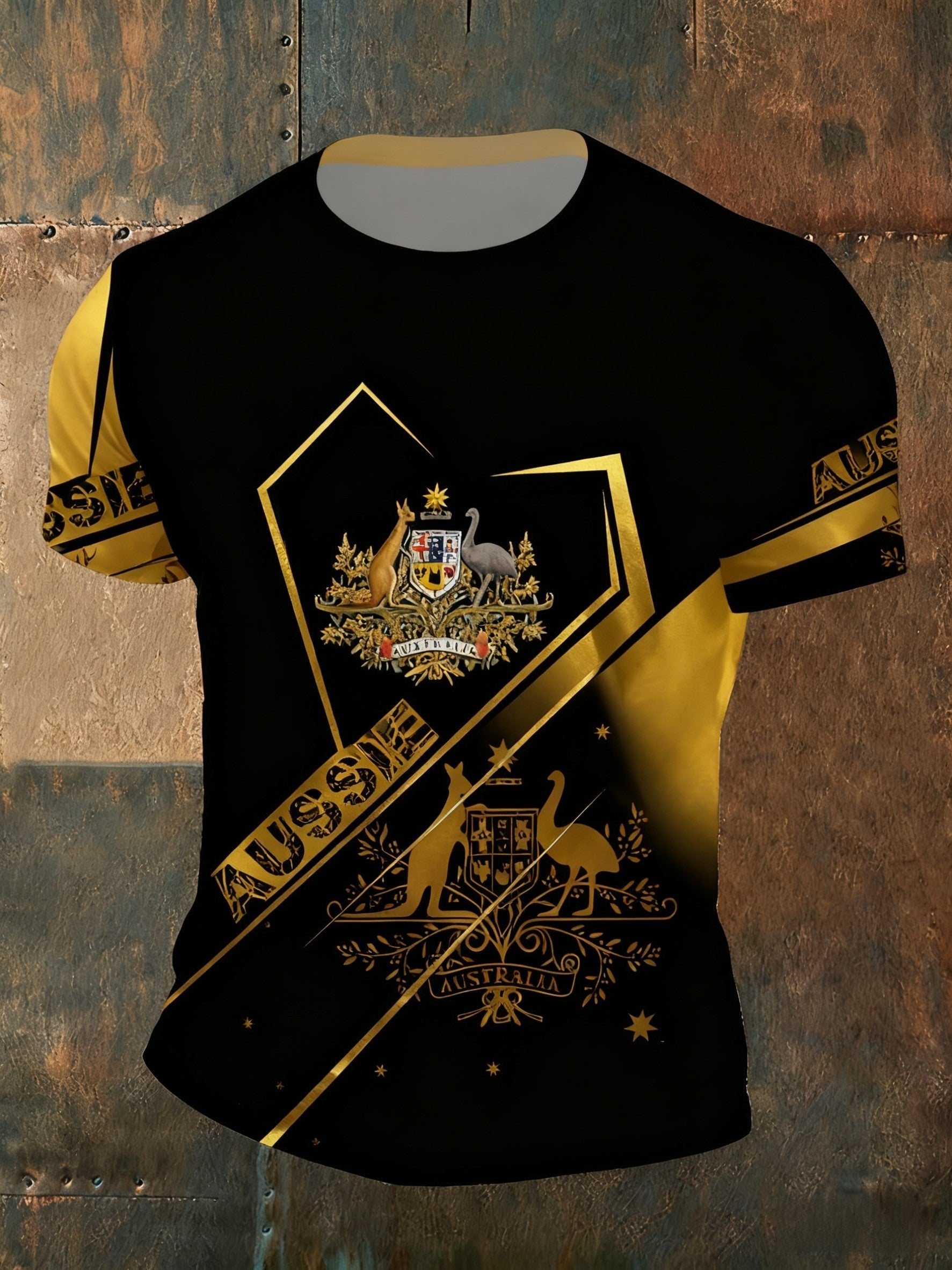 Vintage Australian Flag Badge Sports Patchwork Print Casual Cotton Short Sleeve T-Shirt