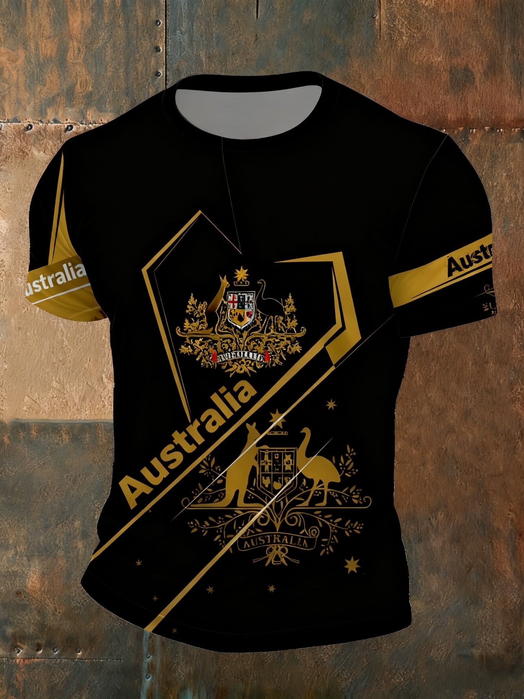 Vintage Australian Flag Badge Sports Patchwork Print Casual Cotton Short Sleeve T-Shirt