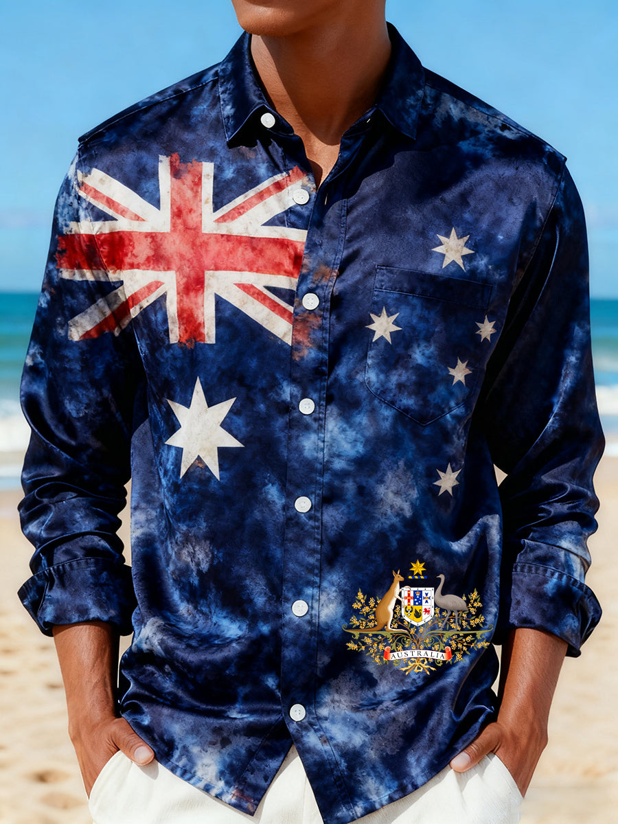 Men's Retro Australian Art Print Silk Long-Sleeve Shirt