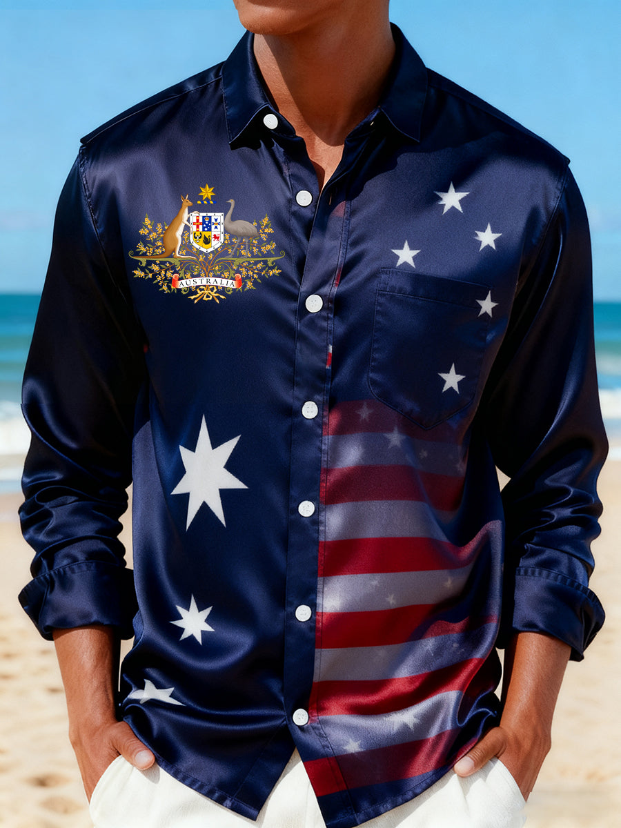 Men's Retro Australian Art Print Silk Long-Sleeve Shirt